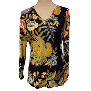 ETRO TOP BLOUSE BLACK GOLD BLUE MULTI FLORAL PRINT V-NECK ITALY 40 US 4
